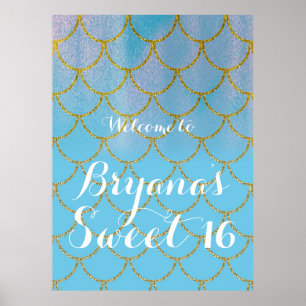 Poster Bleu et or Iridescente Shimmer Mermaid Party