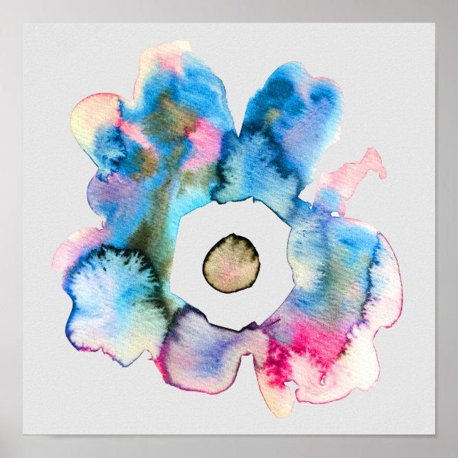 Poster Bleu floral Abstrait dans l'aquarelle gris (Devant)