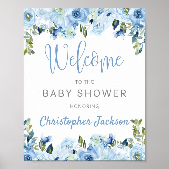 Poster Bleu floral argent baby shower rustique signe d'ac (Devant)