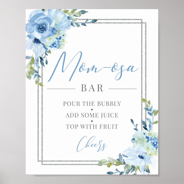 Poster Bleu floral argent géométrique maman-osa signe bar (Devant)