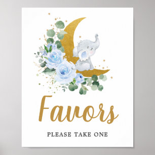 Poster Bleu Floral Vert Elephant Croissant Lune Faveur