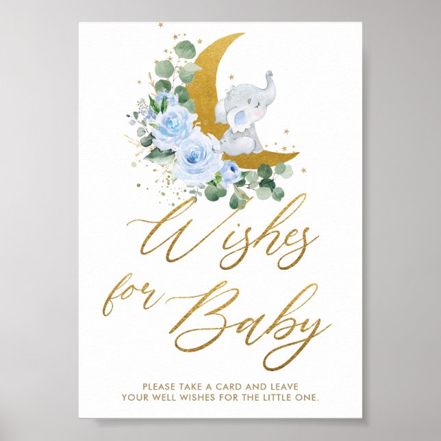 Poster Bleu Flore Vert Eléphant Voeux pour bébé Signal (Devant)