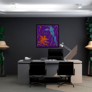 Poster Bleu Graphique Oiseau et Oiseau du Paradis