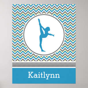 Poster Bleu / Gris Chevron Stripes Gymnastique avec Monog