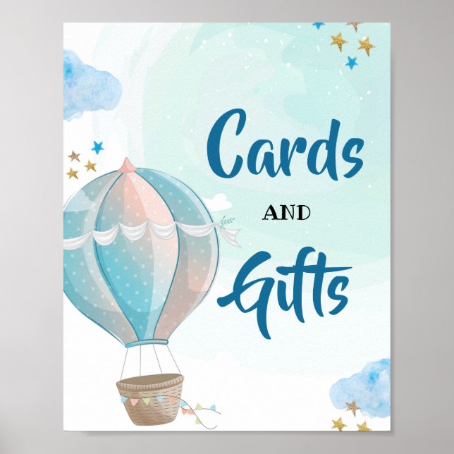 Poster Bleu Hot Air Balloon Cartes et Baby showers cadeau (Devant)