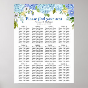 Poster Bleu Hydrangea 12 Tables Mariage CHART DE SIÈGE