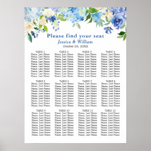 Poster Bleu Hydrangea 12 Tables Mariage CHART DE SIÈGE