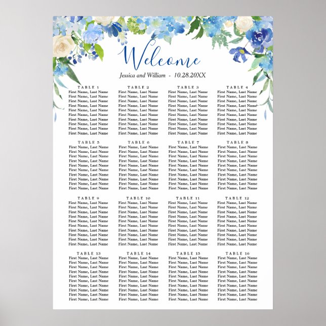 Poster Bleu Hydrangea 16 Tables Mariage CHART DE SIÈGE (Devant)