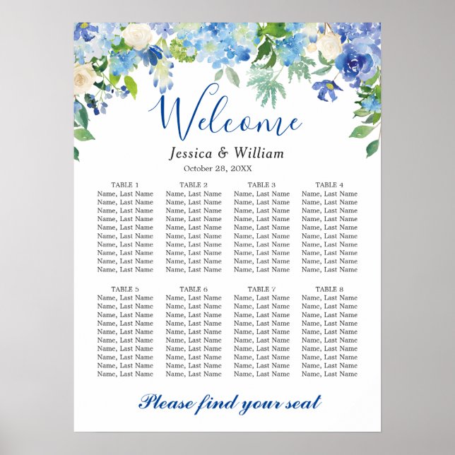 Poster Bleu Hydrangea 8 Tables Mariage GRAPHIQUE DE SÉJOU (Devant)