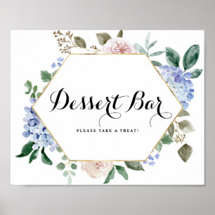 Poster Bleu Hydrangeas et rose Roses Gold Dessert Bar