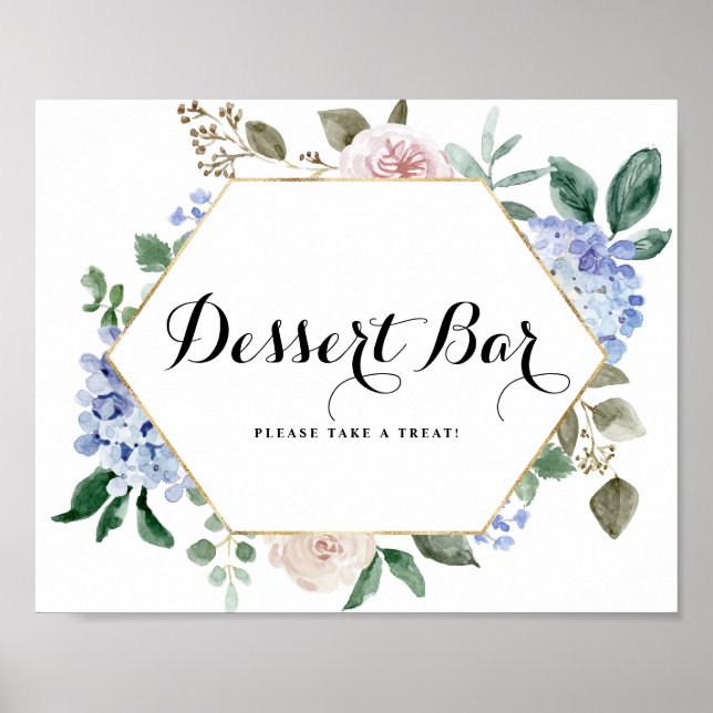 Poster Bleu Hydrangeas et rose Roses Gold Dessert Bar (Devant)