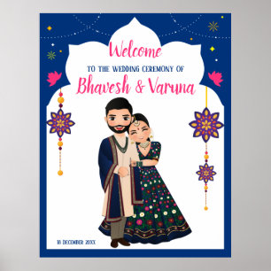 Poster Bleu indian design frontière accueil des mariages 