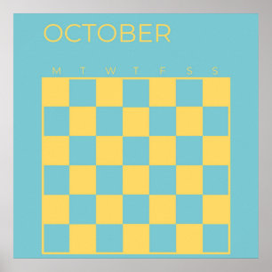 Poster Bleu Jaune Non daté À damiers Octobre Calendrier