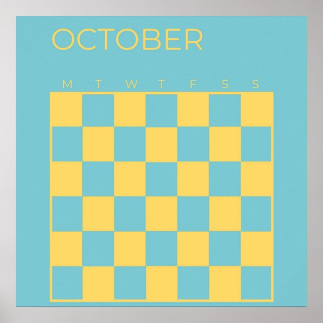 Poster Bleu Jaune Non daté À damiers Octobre Calendrier (Devant)