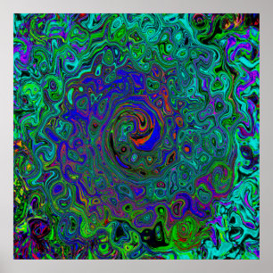 Poster Bleu marbré et Aquamarine Abstrait rétro tourbillo
