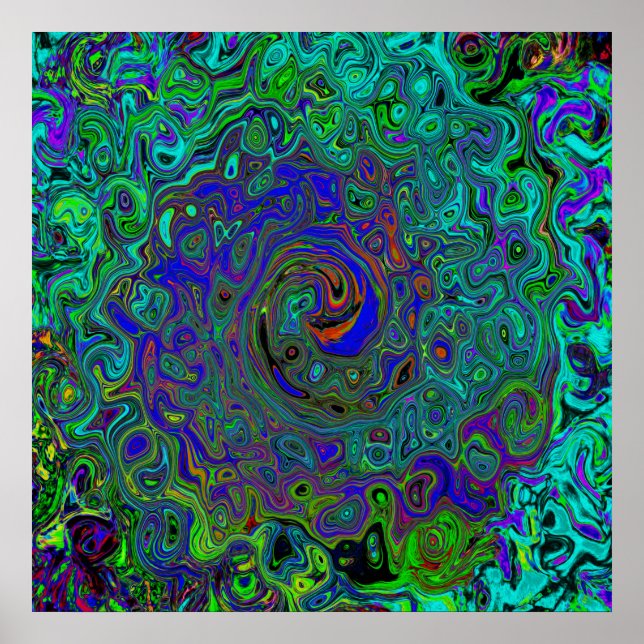 Poster Bleu marbré et Aquamarine Abstrait rétro tourbillo (Devant)