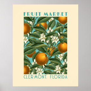 Poster Bleu Marché aux Fruits Orange Retro