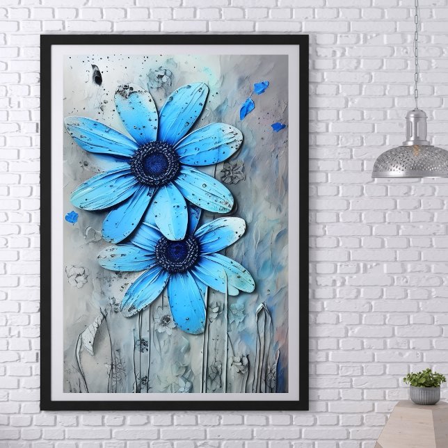 Poster Bleu marguerites démangeaisons Grungy Flower (Blue Daisies Distressed Grungy Daisy Flower Poster)