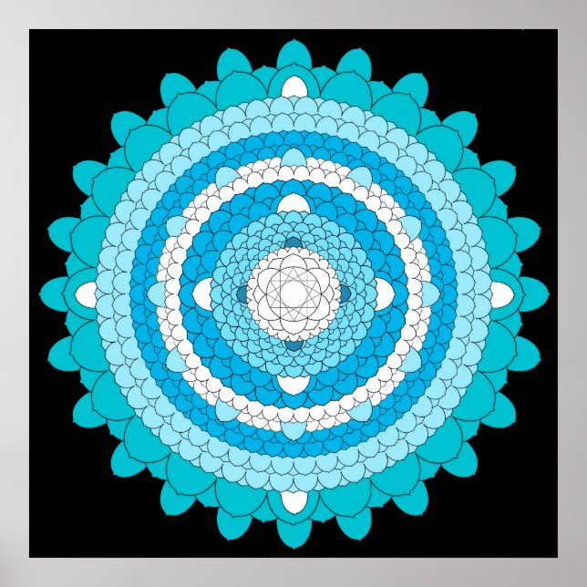 Poster Bleu Mille Pétale Lotus Mandala (Devant)