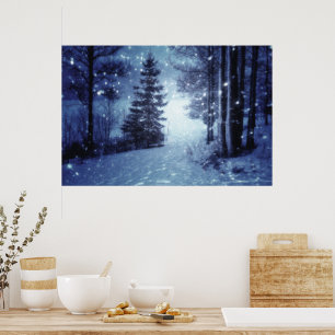 Poster Bleu Moonlit Forêt magique Scène d'hiver