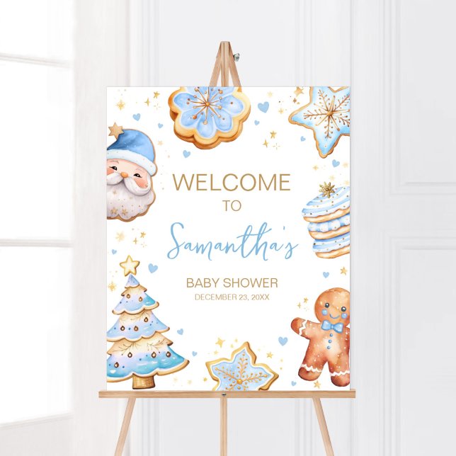Poster Bleu Noël Cookie Bienvenue (Boy A Little Cookie Baby Shower Welcome Sign)