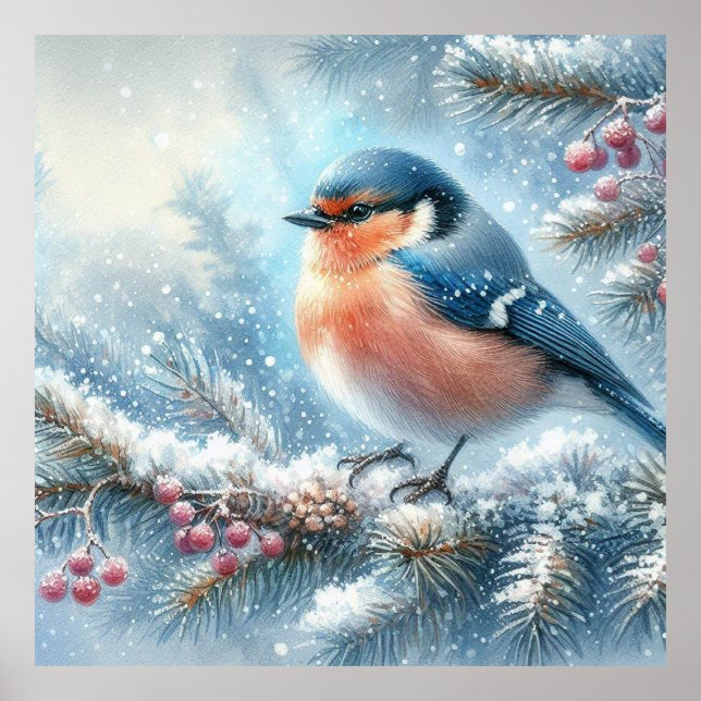 Poster Bleu Oiseau rouge et paysage hivernal 8 (Devant)