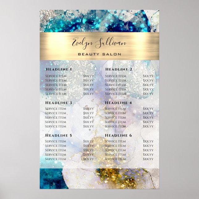 Poster Bleu or argent parties scintillant aquarelle Prix (Devant)