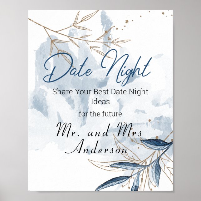Poster Bleu Or Moderne Floral Élégant Date Nuit Signal (Devant)