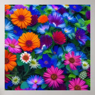 Poster Bleu orange coloré et Fleurs rouges