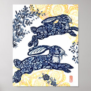 Poster Bleu oriental et blanc Chinoiserie Lapin Rabbit