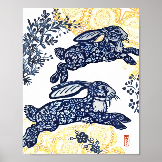 Poster Bleu oriental et blanc Chinoiserie Lapin Rabbit (Devant)