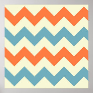 Poster Bleu Pastel et orange Chevron Stripes Zig Zags