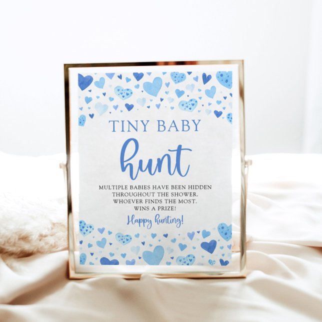 Poster Bleu Petit Ami Minuscule Baby Chasse Douche Jeu (Watercolor Modern Cute Blue Hearts Valentine Sweetheart Boy Tiny Baby Hunt Baby Shower Game Sign)
