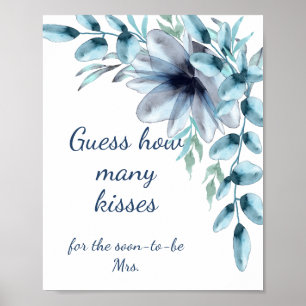 Poster Bleu poussiéreux floral combien de baisers Baby Sh