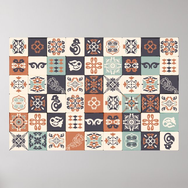 Poster Bleu rétro, blanc et orange Azulejos Motif Lisb (Devant)