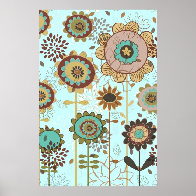Poster Bleu rétro, motif floral marron personnalisé (Devant)