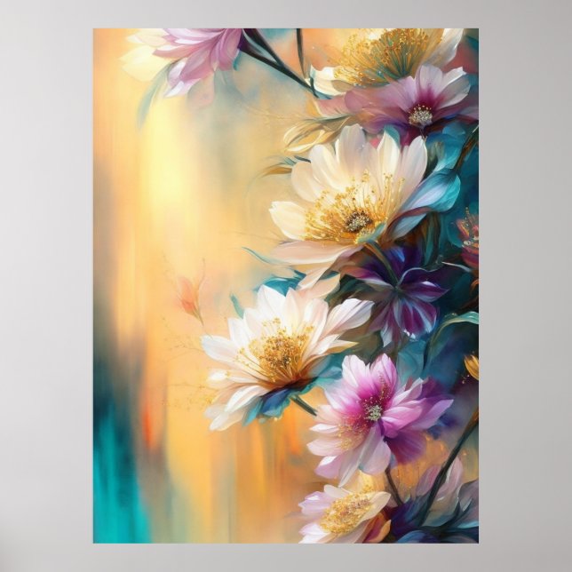 Poster Bleu rose Turquoise Fleurs de crème Belle Florale (Devant)