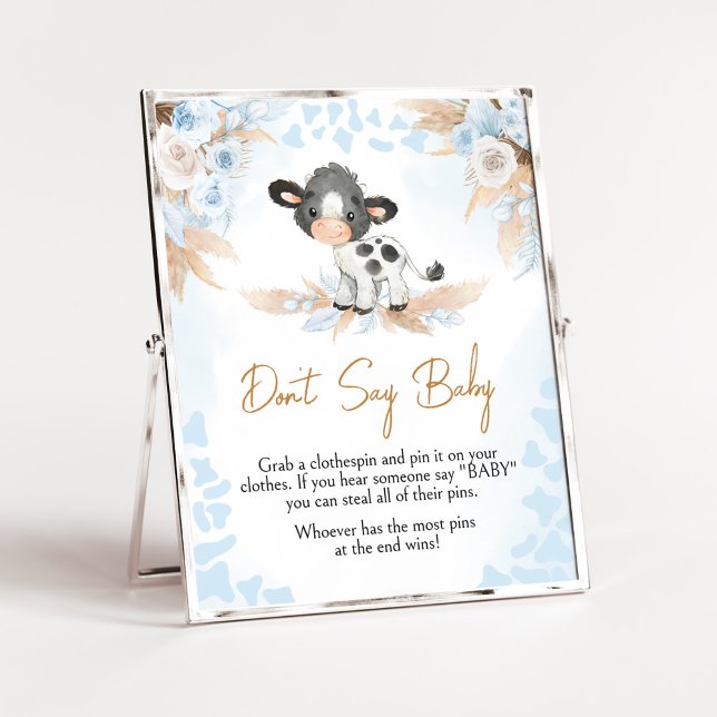 Poster Bleu Saint Baby shower de vache ne pas dire bébé (Boy Highland Cow Baby Shower Don't Say Baby Sign)