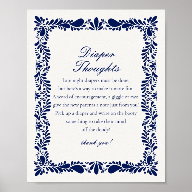 Poster Bleu Talavera Carrelage Diaper Pensées Baby shower (Devant)