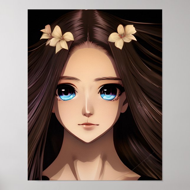 Poster Bleu teint Brunette Anime Girl (Devant)