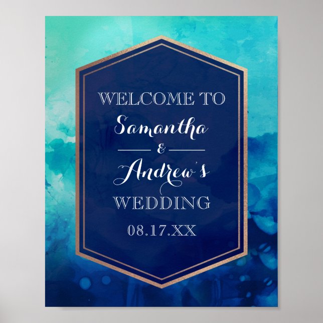 Poster Bleu Turquoise Gold Bordure Mariage d'aquarelle (Devant)
