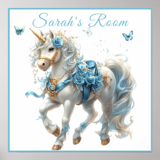 Poster Bleu Unicorne blanche Selle Rose Papillons (Devant)
