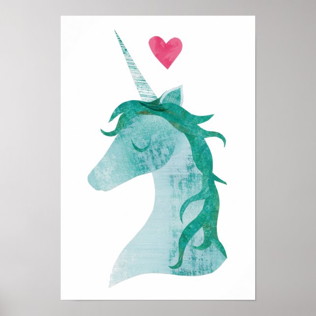 Poster Bleu Unicorne magique avec coeur (Devant)
