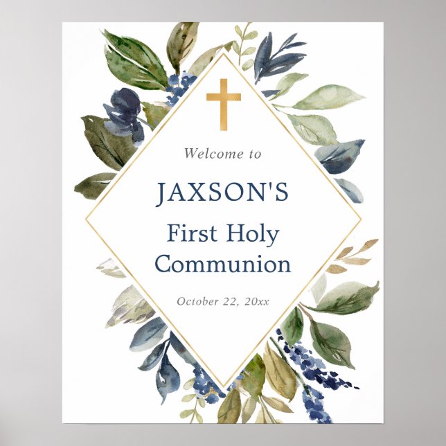 Poster Bleu verdure feuillage baptême signe d'accueil (Devant)