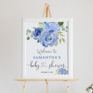 Poster Bleu vert fleuri garçon baby shower signe de bienv