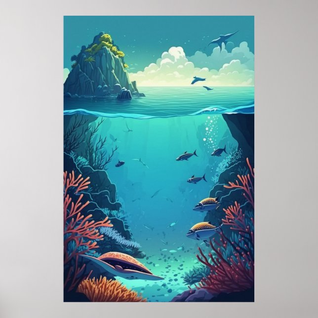 Poster Bleu Vert sous-marin Océan Aquatique Vie marine (Devant)
