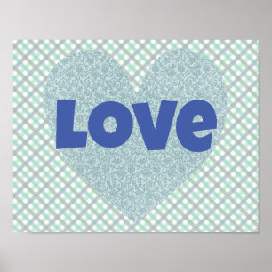 Poster bleu Vintage Floral Coeur et Amour
