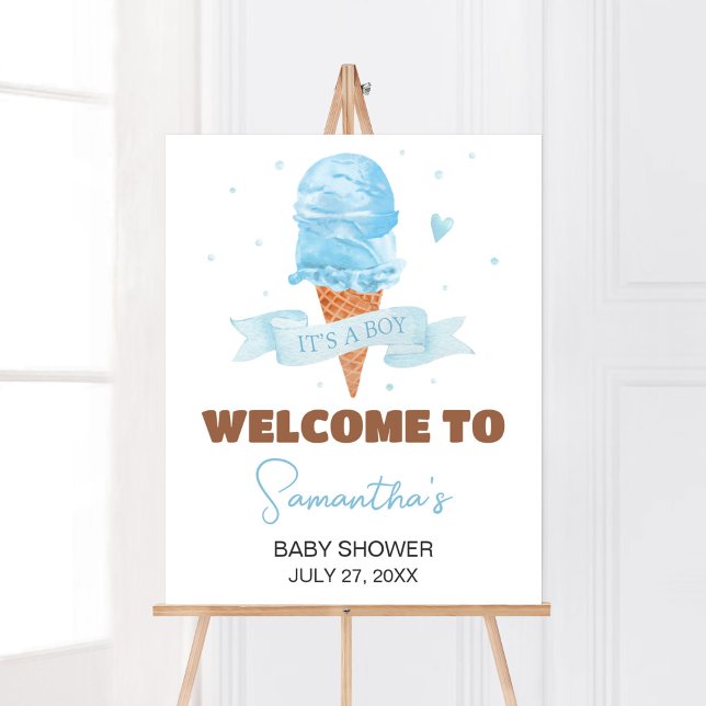 Poster Bleu Voici le Baby shower Scoop Bienvenue (Boy Ice Cream Baby Shower Welcome Sign)