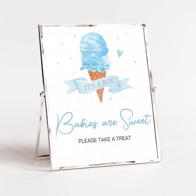 Poster Bleu Voici le Baby shower Scoop Les bébés sont dou (Boy Ice Cream Baby Shower Babies are Sweet Sign)