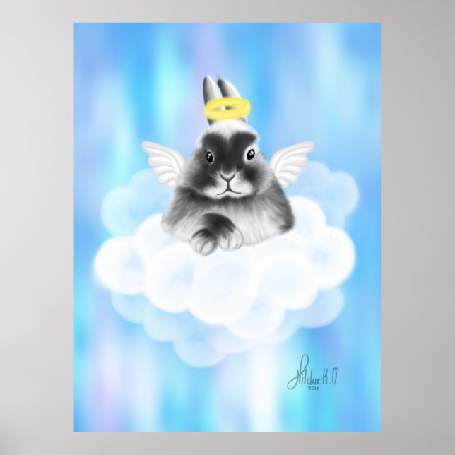 Poster Bliss célestes : Lapin gris et blanc sur nuage ave (Devant)